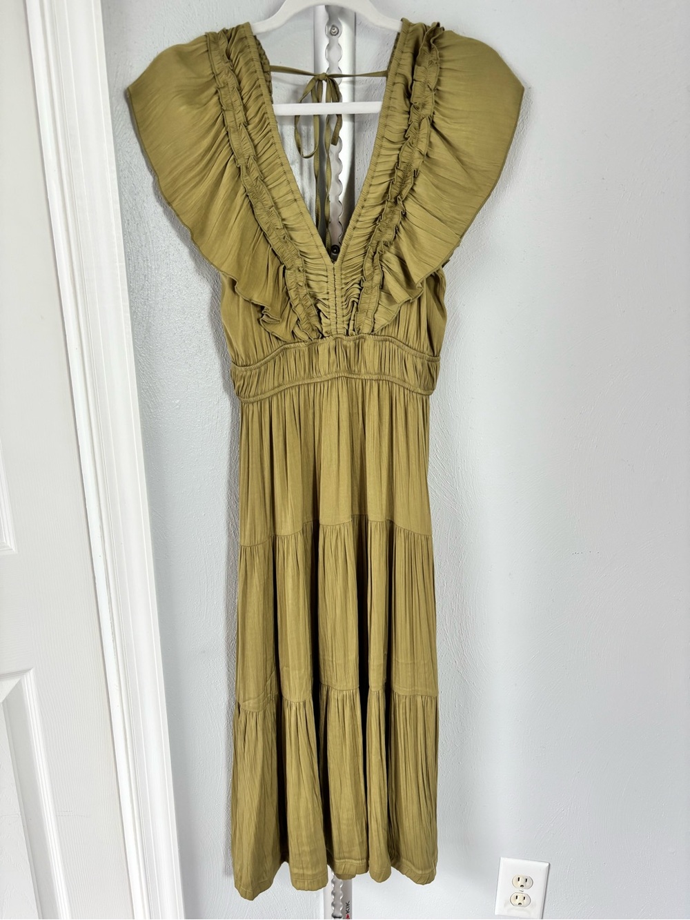 Ruffled V-Neck Tiered Midi Dress in Olive